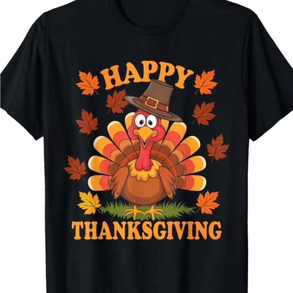 NEW Black Happy Thanksgiving Turkey Graphic T-Shirt